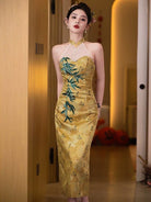 Beth and Brian Qipao-SKN New Chinese style (新中式), halter gold midi Cheongsam