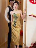 Beth and Brian Qipao-SKN New Chinese style (新中式), halter gold midi Cheongsam