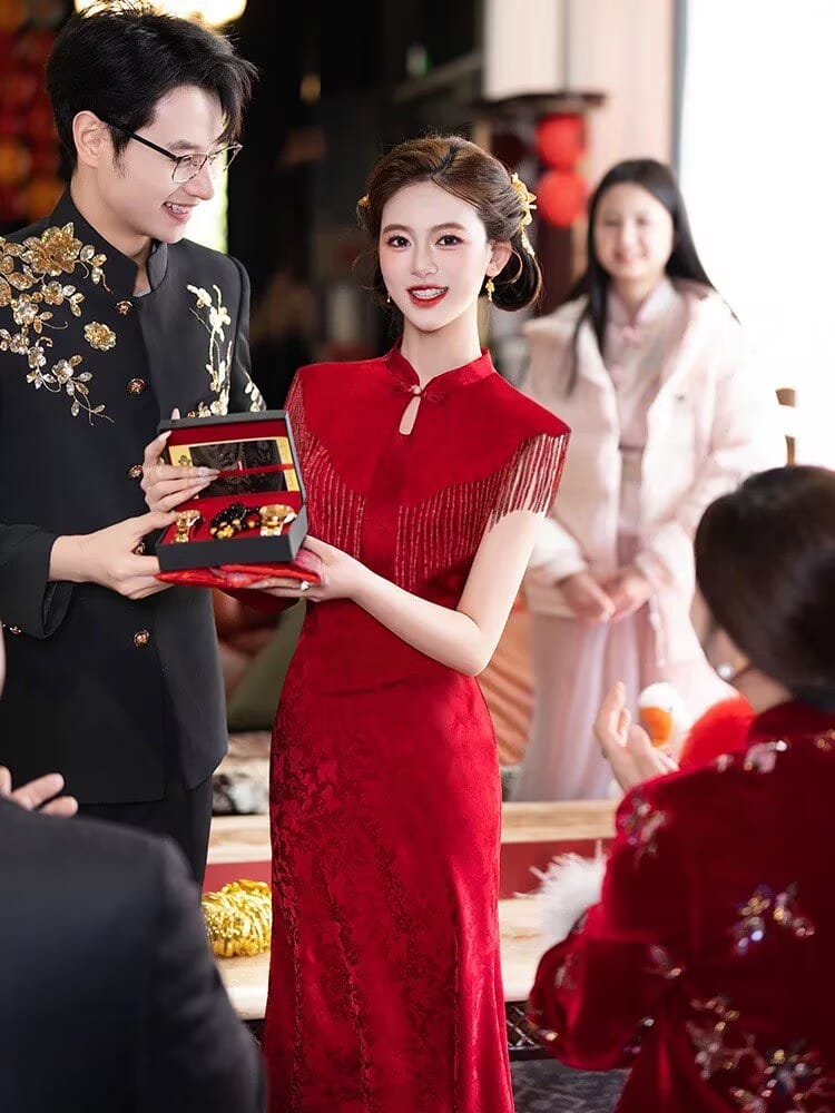 BethandBrianQipao-HLD Wedding long Cheongsam with shawl set