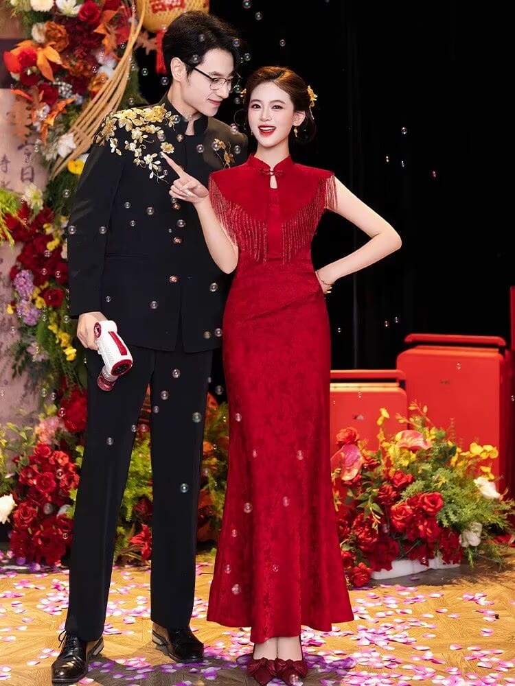 BethandBrianQipao-HLD Wedding long Cheongsam with shawl set