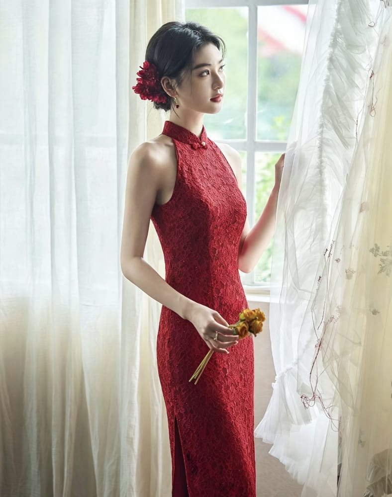Red Qipao, Qipao dress for women, wedding Qipao, lace midi Cheongsam XXL / Red Red Qipao, Qipao dress for women, wedding Qipao, lace midi Cheongsam XXL / Red