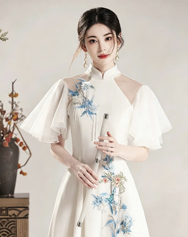 Beth and Brian Qipao-XDY Butterfly mesh fabric, floor length A-Line Cheongsam