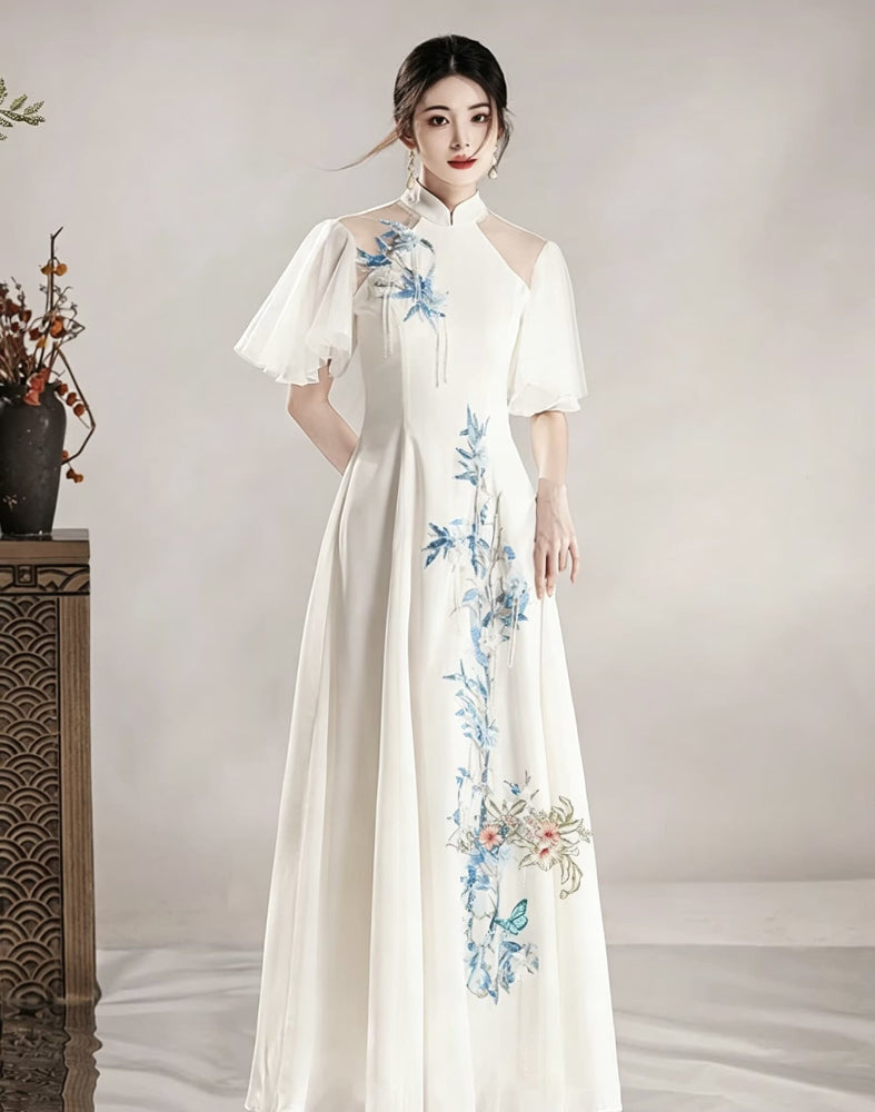 Beth and Brian Qipao-XDY Butterfly mesh fabric, floor length A-Line Cheongsam