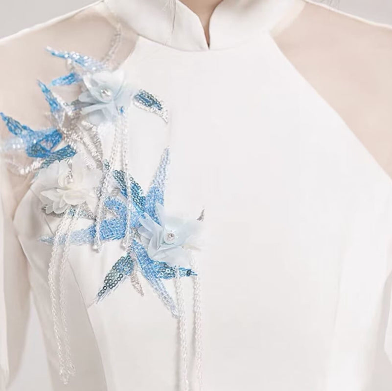 Beth and Brian Qipao-XDY Butterfly mesh fabric, floor length A-Line Cheongsam