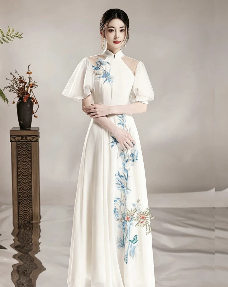 Beth and Brian Qipao-XDY Butterfly mesh fabric, floor length A-Line Cheongsam