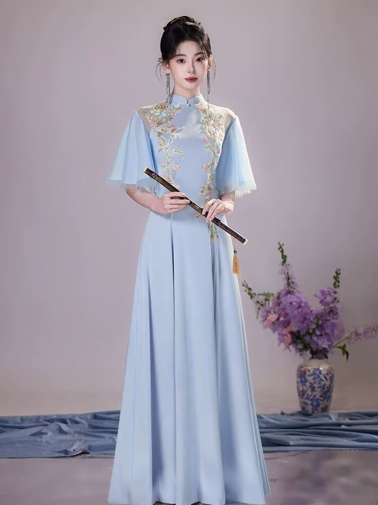 Beth and Brian Qipao-XDY Modern style, butterfly mesh fabric, A-Line long Cheongsam