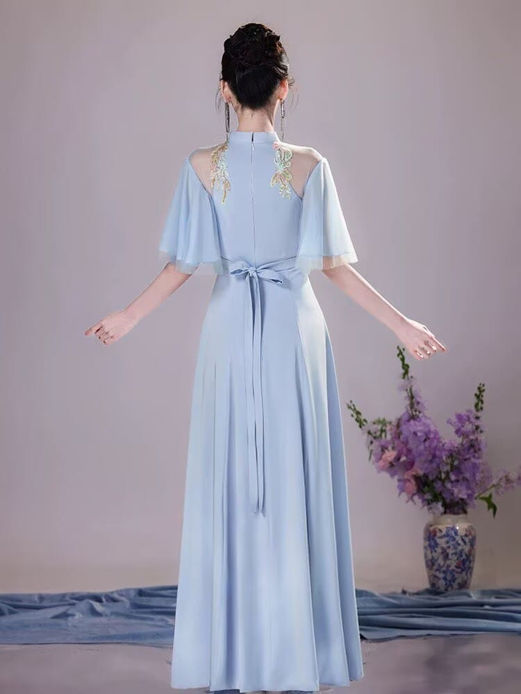Beth and Brian Qipao-XDY Modern style, butterfly mesh fabric, A-Line long Cheongsam