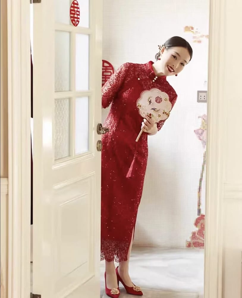 Beth and Brian Qipao-XL Spring collection, wedding long Qipao with elbow Sleeves