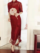 Beth and Brian Qipao-XL Spring collection, wedding long Qipao with elbow Sleeves