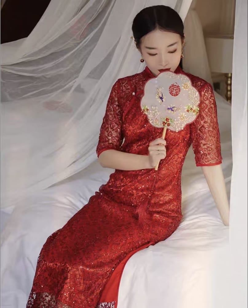 Beth and Brian Qipao-XL Spring collection, wedding long Qipao with elbow Sleeves