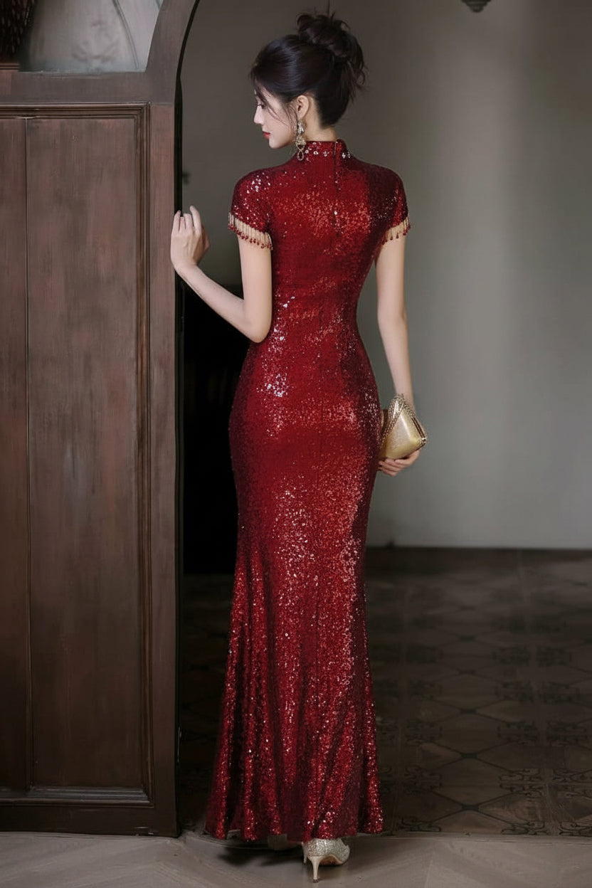 Beth and Brian Qipao-YY Sequins fabric, mermaid wine red long Cheongsam
