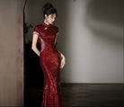 Beth and Brian Qipao-YY Sequins fabric, mermaid wine red long Cheongsam