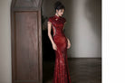 Beth and Brian Qipao-YY Sequins fabric, mermaid wine red long Cheongsam