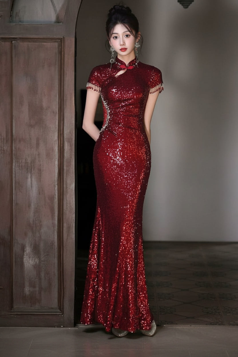 Beth and Brian Qipao-YY Sequins fabric, mermaid wine red long Cheongsam