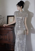 Beth and Brian Qipao-YY Sequins Fabric, Apricot Silver Long Cheongsam