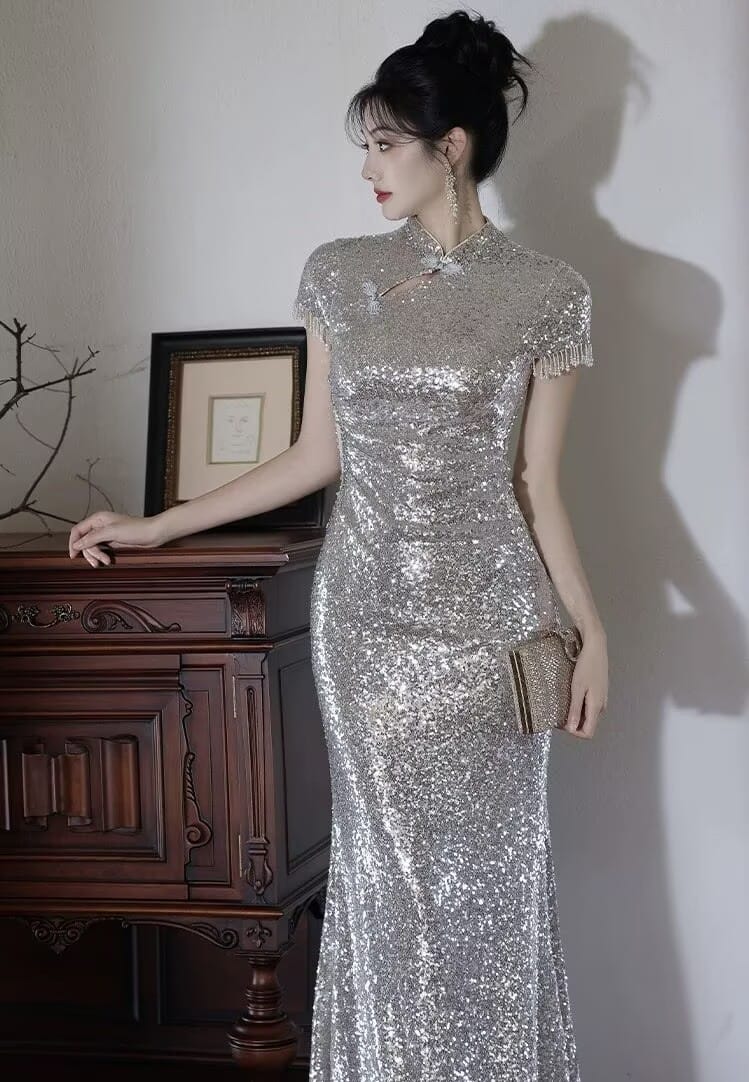 Beth and Brian Qipao-YY Sequins Fabric, Apricot Silver Long Cheongsam