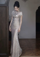 Beth and Brian Qipao-YY Sequins Fabric, Apricot Silver Long Cheongsam