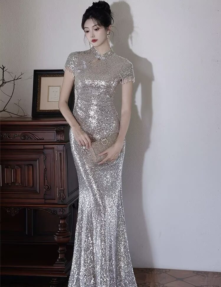 Beth and Brian Qipao-YY Sequins Fabric, Apricot Silver Long Cheongsam