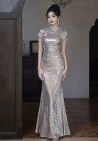 Beth and Brian Qipao-YY Sequins Fabric, Apricot Silver Long Cheongsam