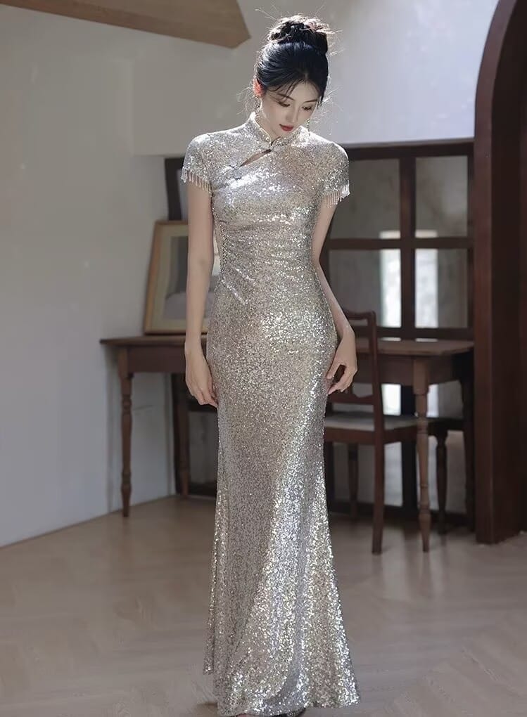 Beth and Brian Qipao-YY Sequins Fabric, Apricot Silver Long Cheongsam