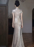 Beth and Brian Qipao-YY Sequins Fabric, Apricot Silver Long Cheongsam