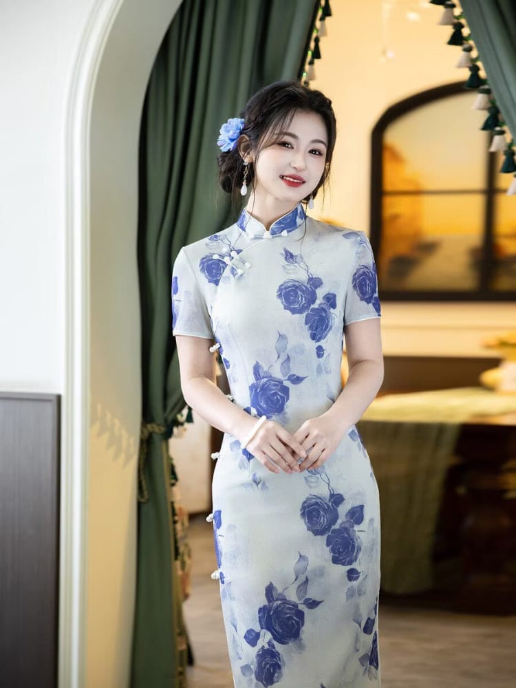 Beth and Brian Qipao-MYJ Floral pattern, light blue midi Cheongsam