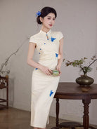 Beth and Brian Qipao-MYJ Butterfly print, beige&black midi Cheongsam