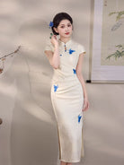 Beth and Brian Qipao-MYJ Butterfly print, beige&black midi Cheongsam