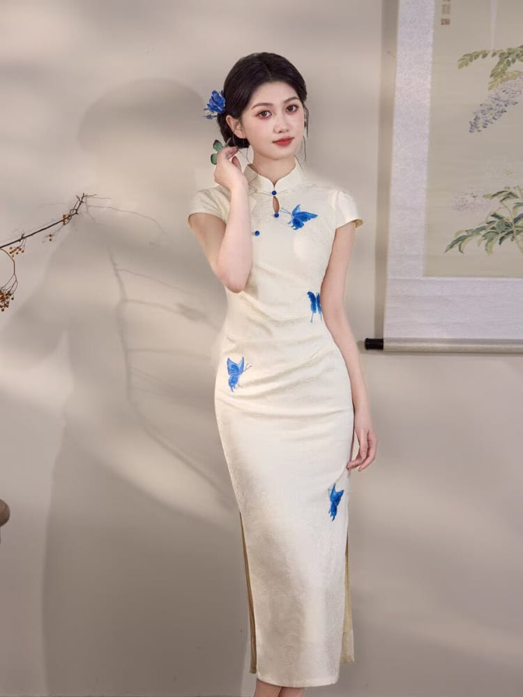 Beth and Brian Qipao-MYJ Butterfly print, beige&black midi Cheongsam