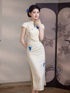 Beth and Brian Qipao-MYJ Butterfly print, beige&black midi Cheongsam