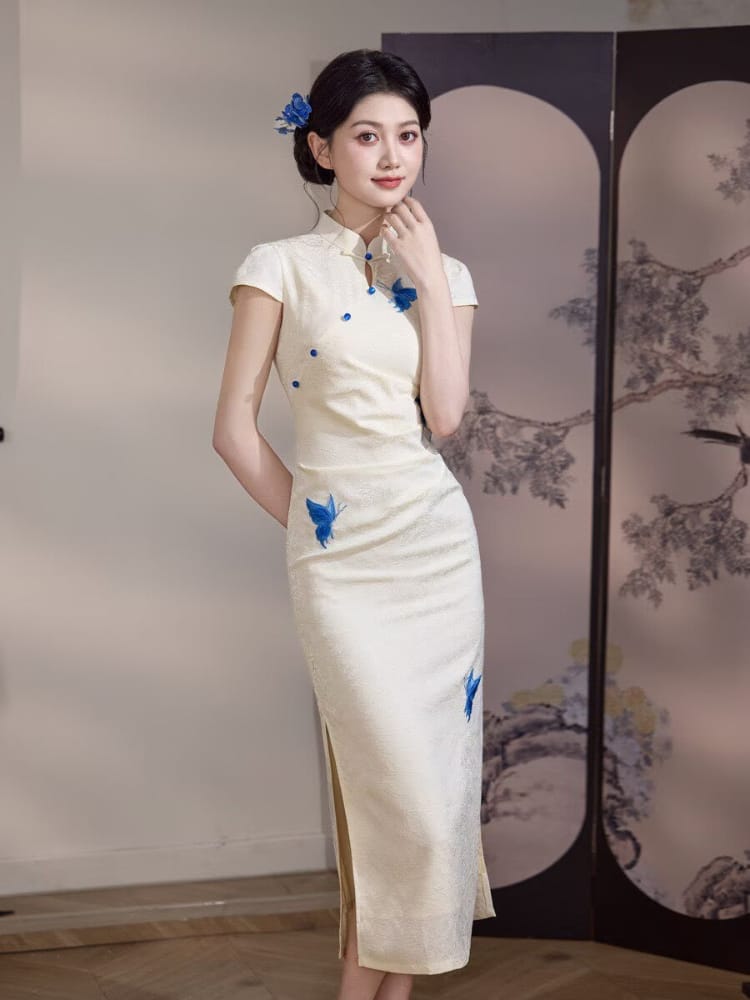 Beth and Brian Qipao-MYJ Butterfly print, beige&black midi Cheongsam