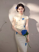 Beth and Brian Qipao-MYJ Butterfly print, beige&black midi Cheongsam
