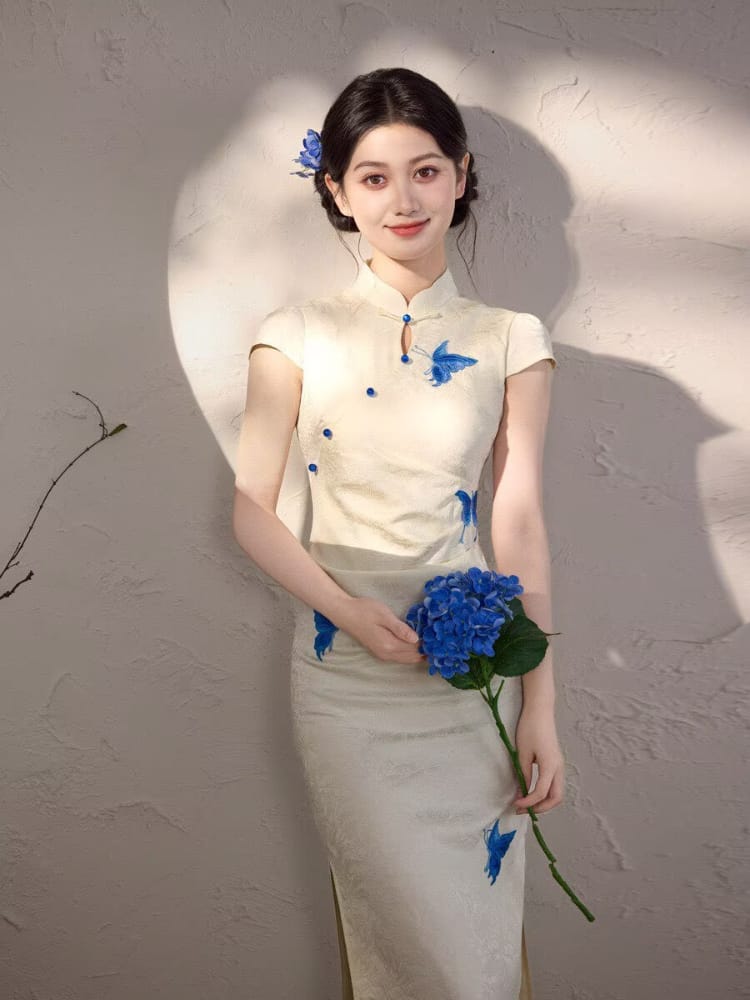Beth and Brian Qipao-MYJ Butterfly print, beige&black midi Cheongsam