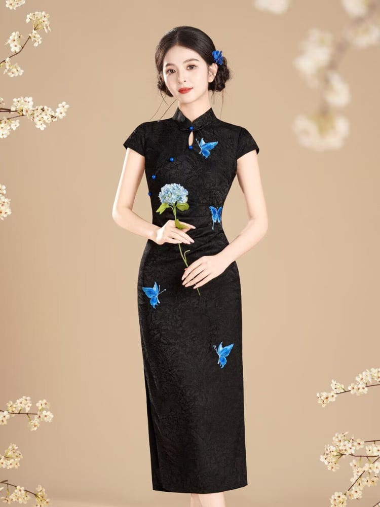 Beth and Brian Qipao-MYJ Butterfly print, beige&black midi Cheongsam