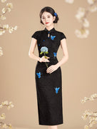 Beth and Brian Qipao-MYJ Butterfly print, beige&black midi Cheongsam