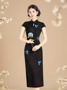 Beth and Brian Qipao-MYJ Butterfly print, beige&black midi Cheongsam