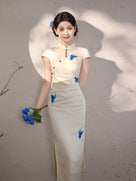Beth and Brian Qipao-MYJ Butterfly print, beige&black midi Cheongsam
