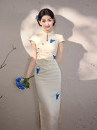 Beth and Brian Qipao-MYJ Butterfly print, beige&black midi Cheongsam