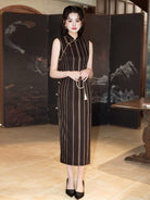 Beth and Brian Qipao-MYJ Old Shanghai style, stripe pattern, black and gold long Cheongsam