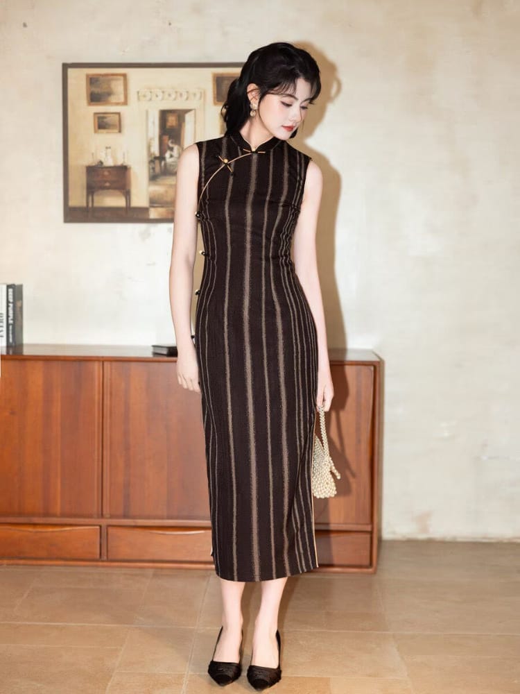 Beth and Brian Qipao-MYJ Old Shanghai style, stripe pattern, black and gold long Cheongsam
