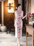 Beth and Brian Qipao-MYJ Peach Bloom pattern, pink midi Cheongsam