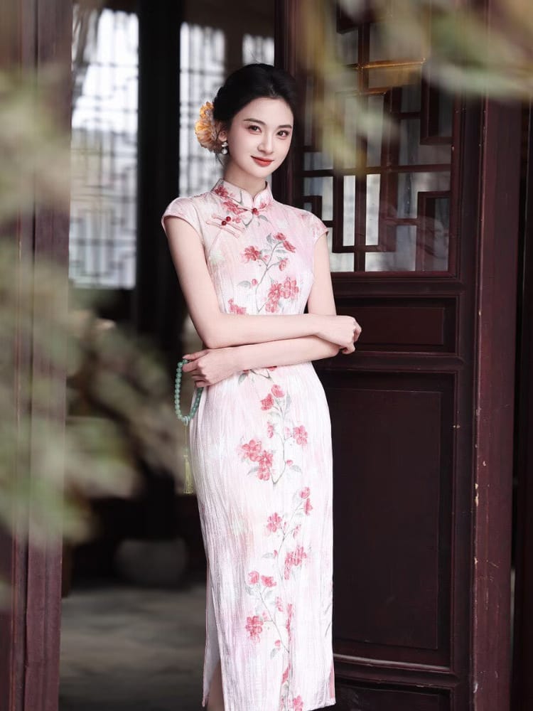 Beth and Brian Qipao-MYJ Peach Bloom pattern, pink midi Cheongsam