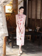 Beth and Brian Qipao-MYJ Peach Bloom pattern, pink midi Cheongsam