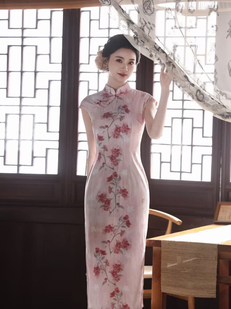 Beth and Brian Qipao-MYJ Peach Bloom pattern, pink midi Cheongsam