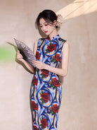 Beth and Brian Qipao-MYJ Sleeveless, Rose pattern, blue midi Cheongsam