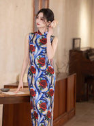 Beth and Brian Qipao-MYJ Sleeveless, Rose pattern, blue midi Cheongsam