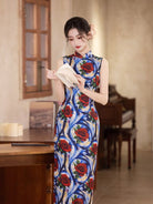 Beth and Brian Qipao-MYJ Sleeveless, Rose pattern, blue midi Cheongsam