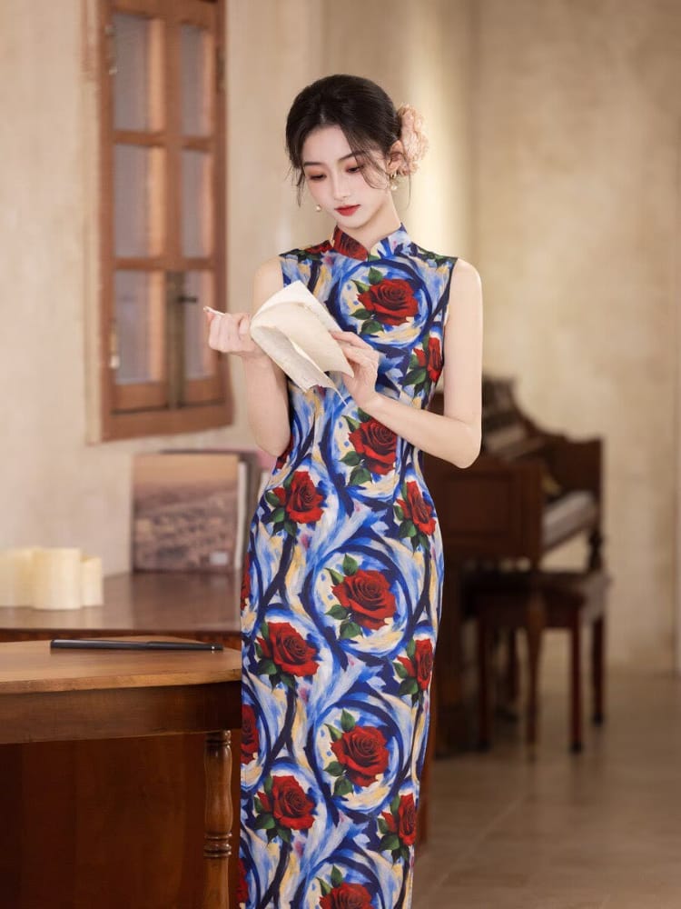 Beth and Brian Qipao-MYJ Sleeveless, Rose pattern, blue midi Cheongsam