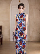 Beth and Brian Qipao-MYJ Sleeveless, Rose pattern, blue midi Cheongsam