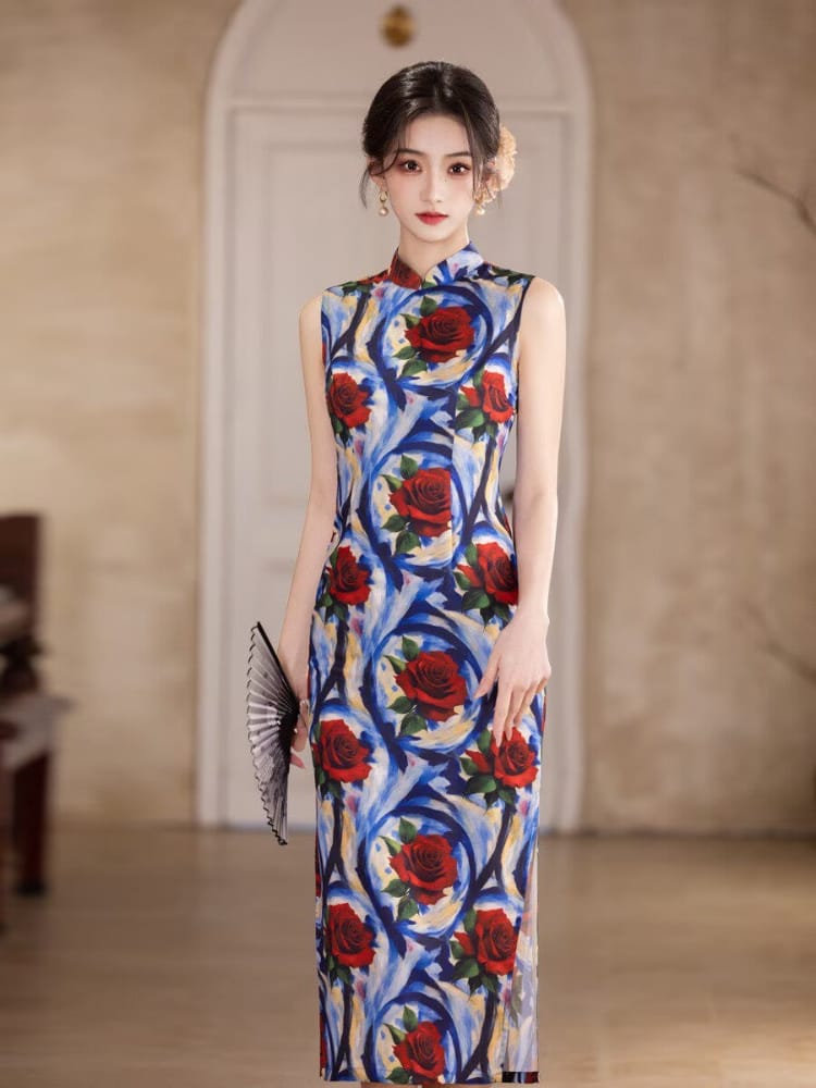 Beth and Brian Qipao-MYJ Sleeveless, Rose pattern, blue midi Cheongsam